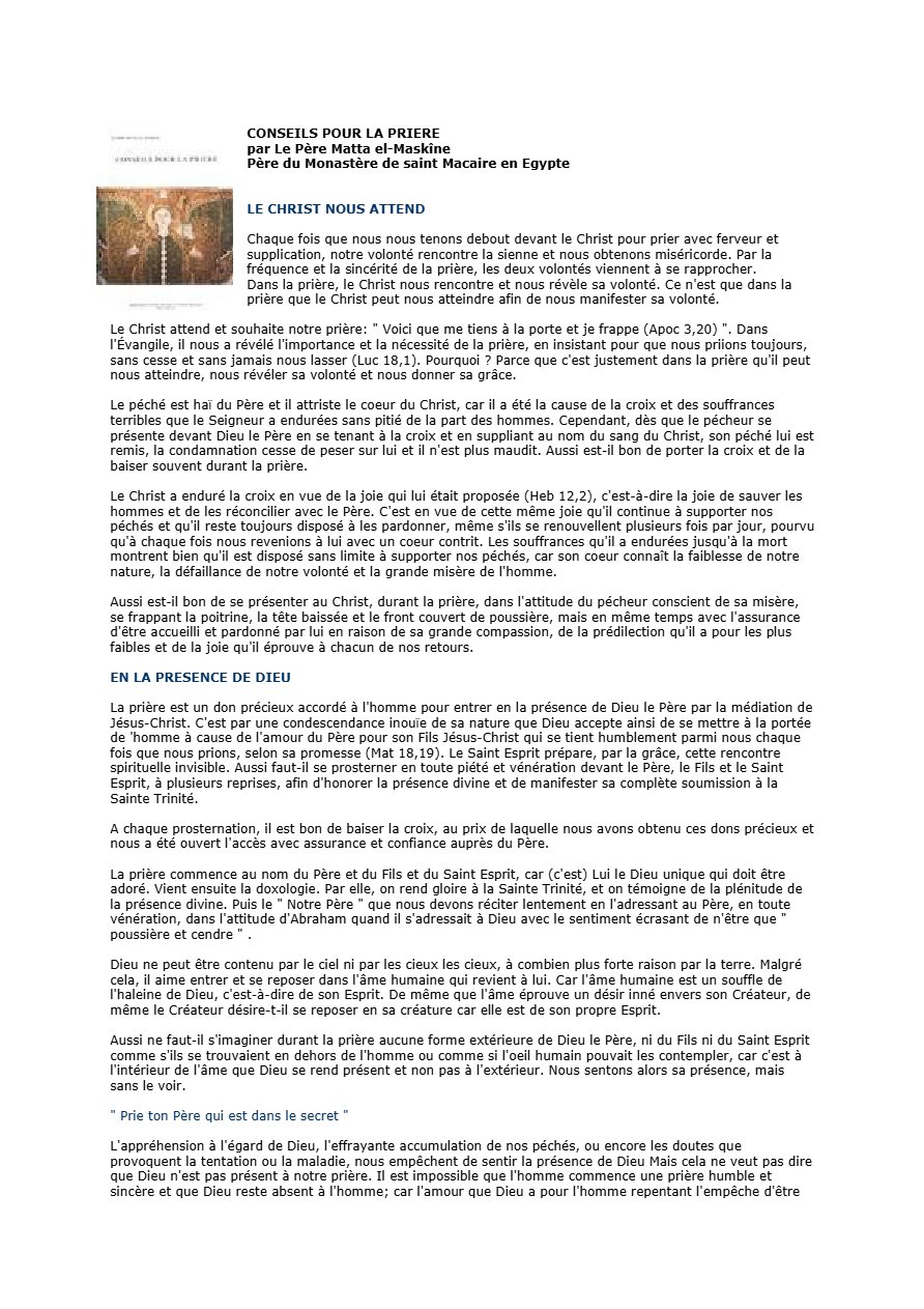 Conseils pour la prière par le père Matta el-Maskine