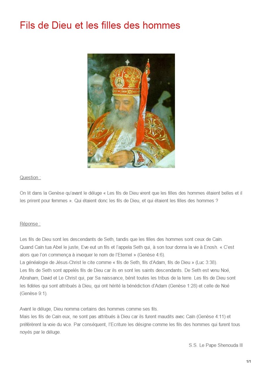 Fils de Dieu et les filles des hommes - Pape Chenouda III
