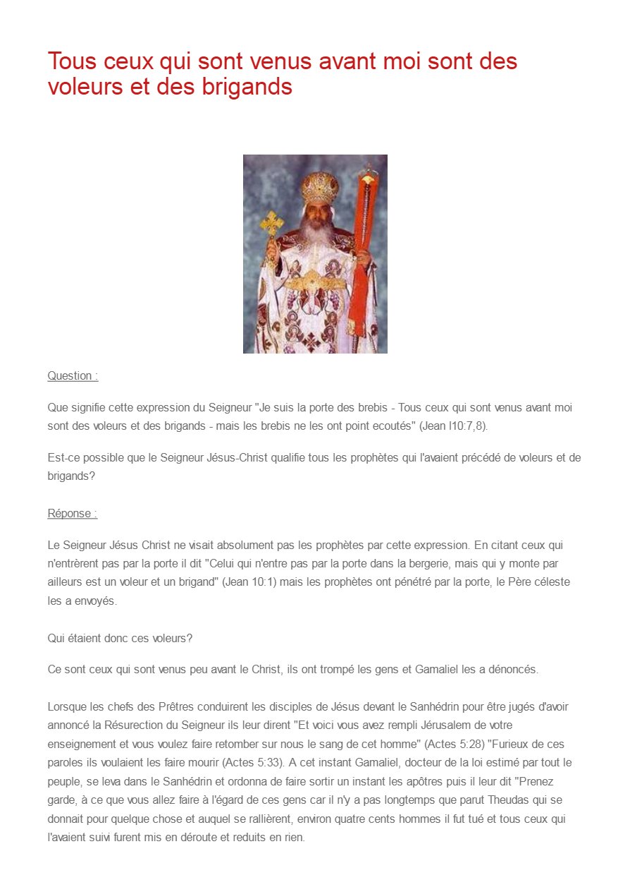Tous ceux qui sont venus avant moi sont des voleurs et des brigands - Pape Chenouda III